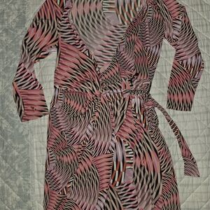 Maggy London Pink and Black Wrap Dress Long Sleeve V-Neck